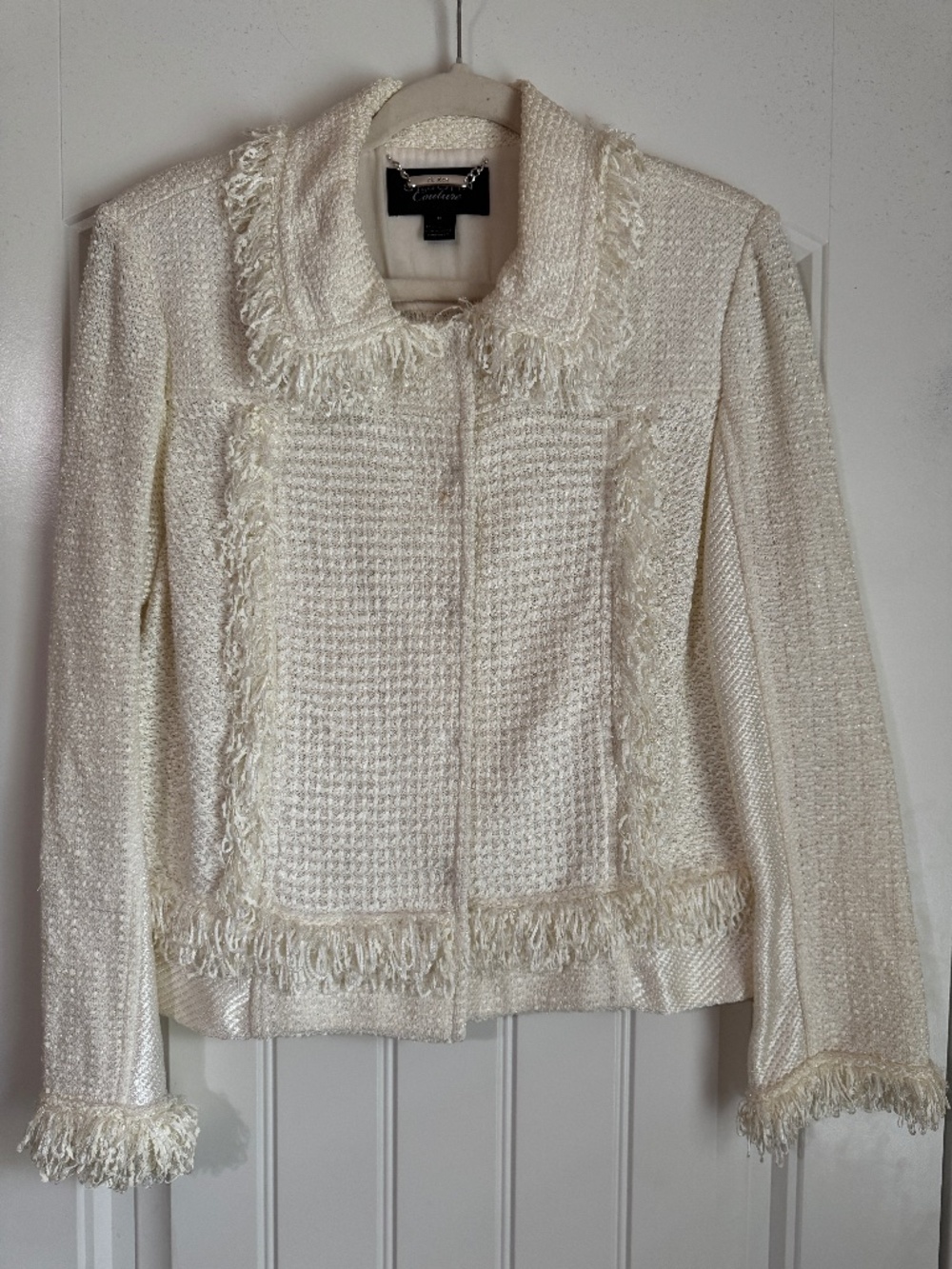 St John Couture Tweed Jacket Ivory Women’s 12 Fringe Button Front